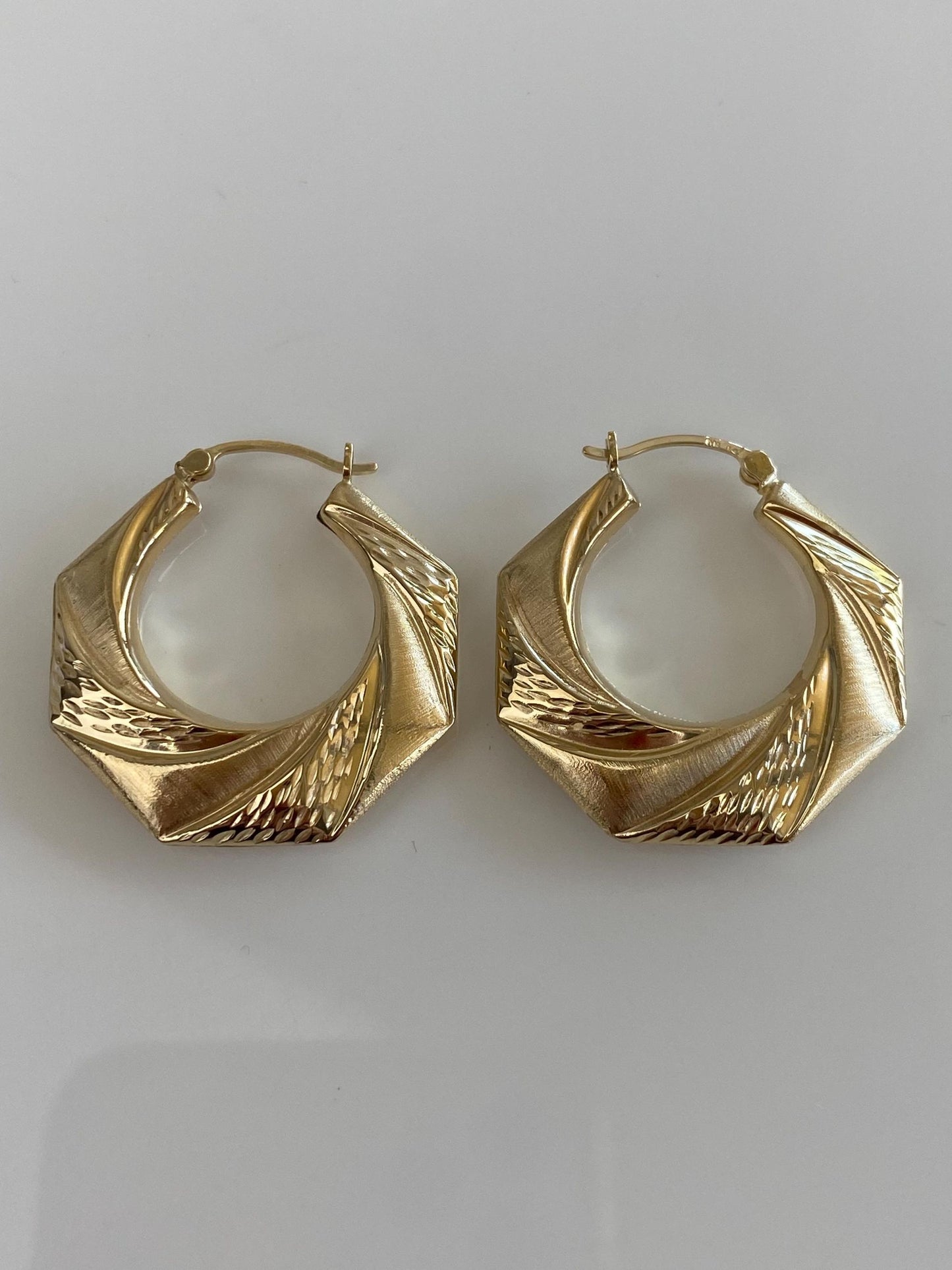 Vintage 14k Yellow Gold Textured Octagonal Hoop Earrings