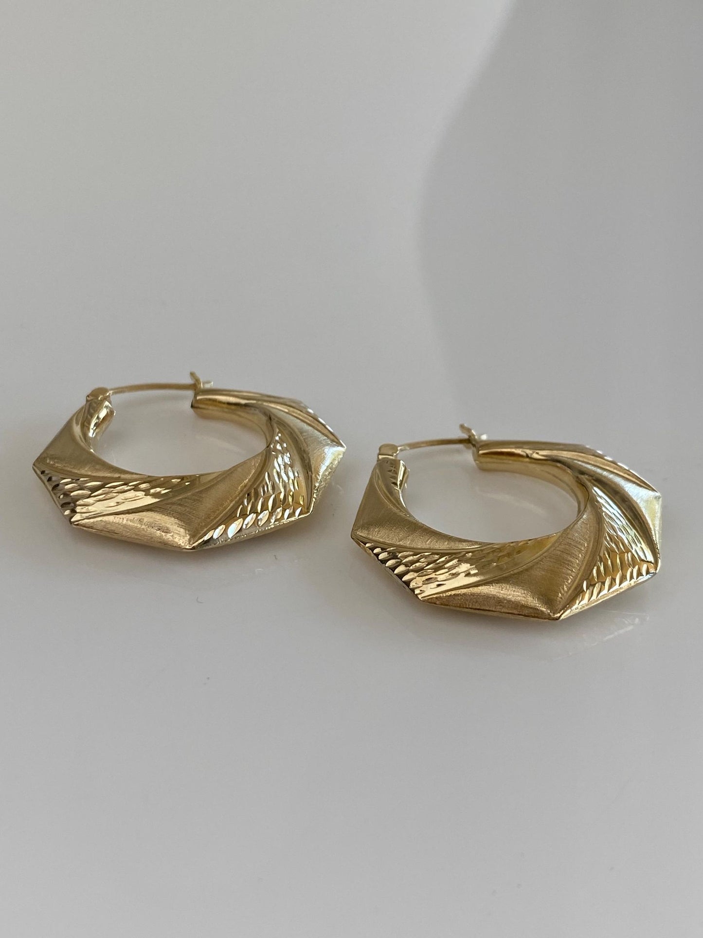 Vintage 14k Yellow Gold Textured Octagonal Hoop Earrings