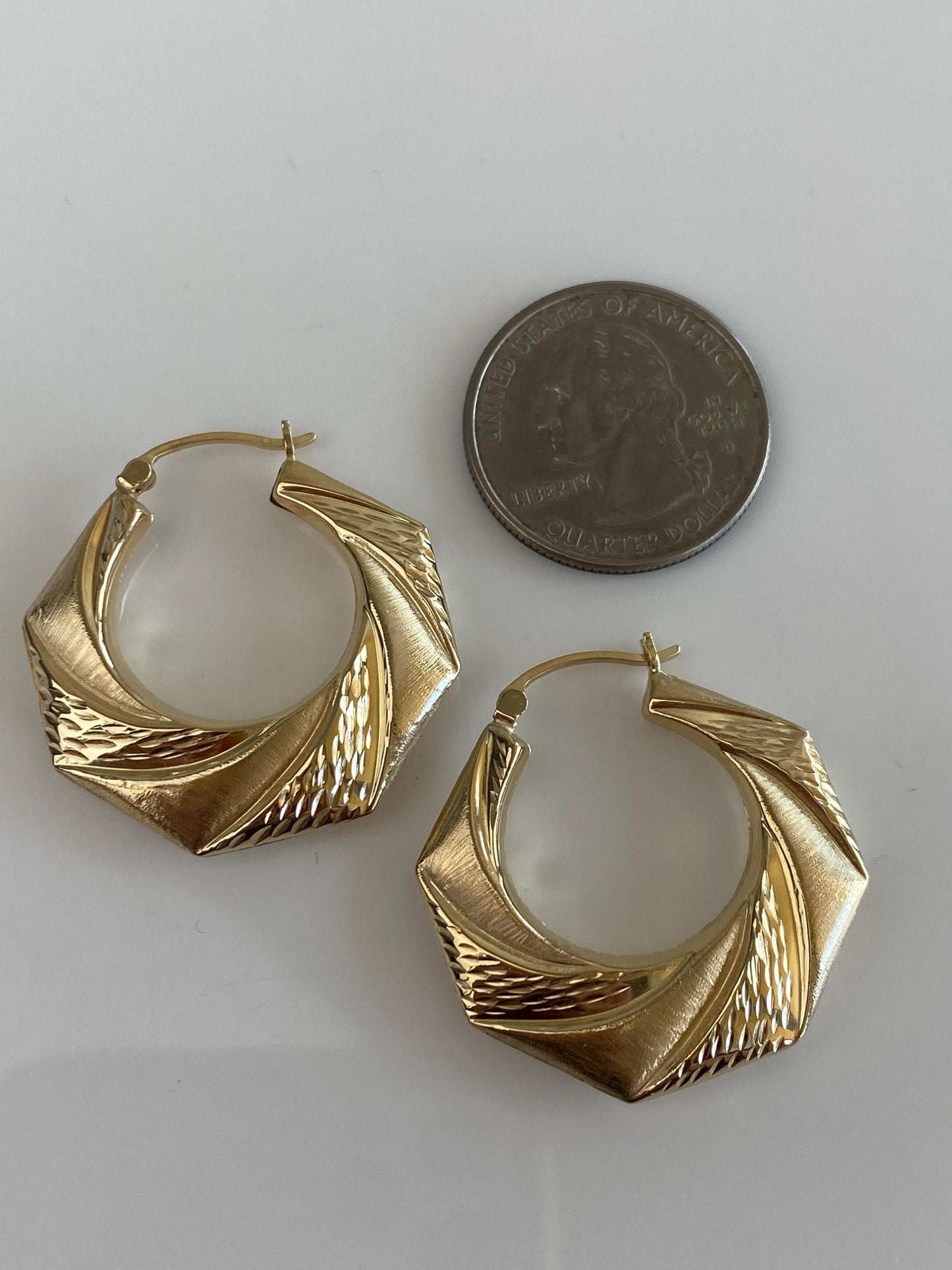 Vintage 14k Yellow Gold Textured Octagonal Hoop Earrings