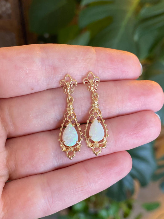 Vintage Solid 14k Yellow Gold Opal Teardrop Ornate Dangle Stud Earrings