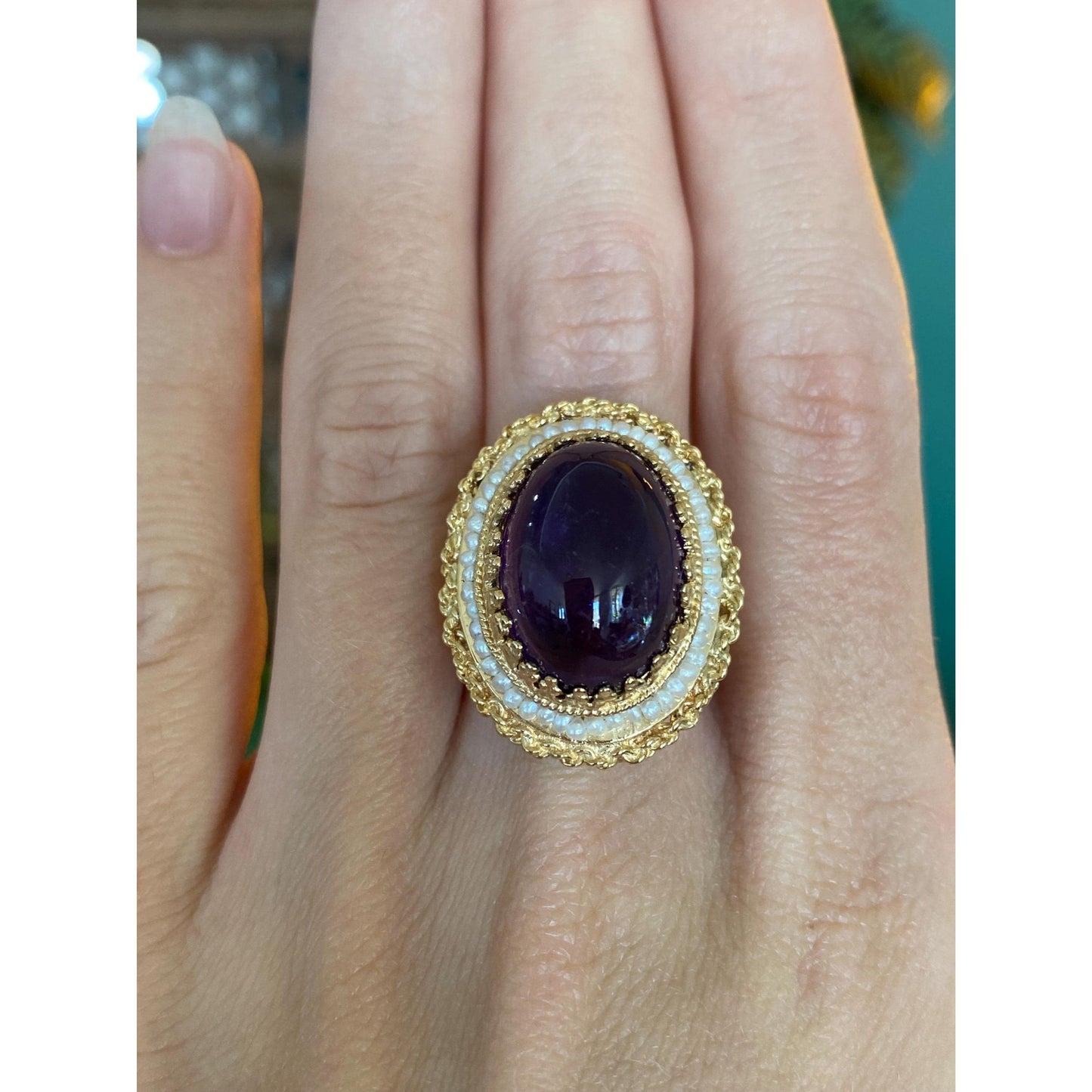 Vintage Solid 14k Yellow Gold Amethyst Seed Pearl Halo Ring - Size 7.75