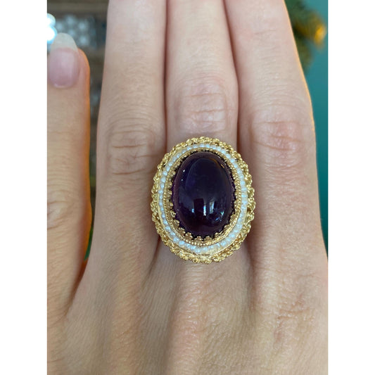 Vintage Solid 14k Yellow Gold Amethyst Seed Pearl Halo Ring - Size 7.75