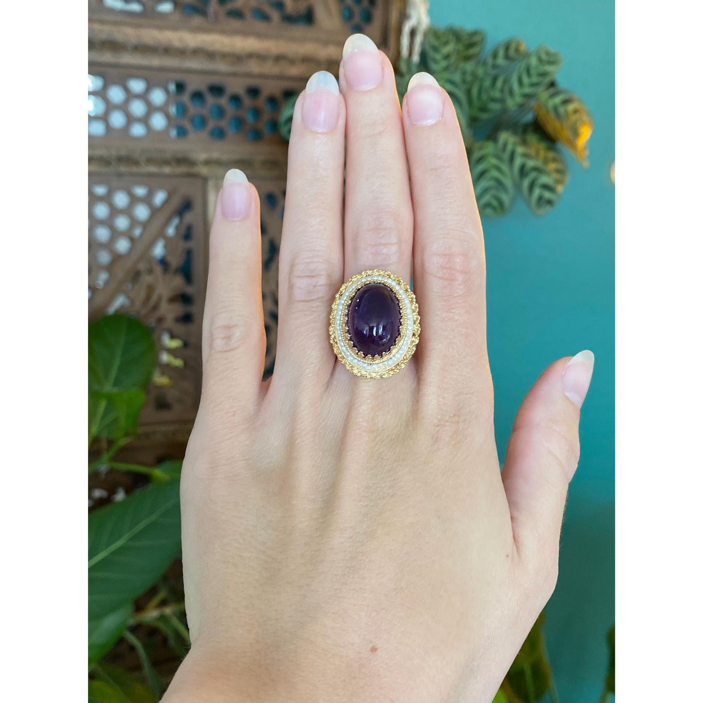 Vintage Solid 14k Yellow Gold Amethyst Seed Pearl Halo Ring - Size 7.75