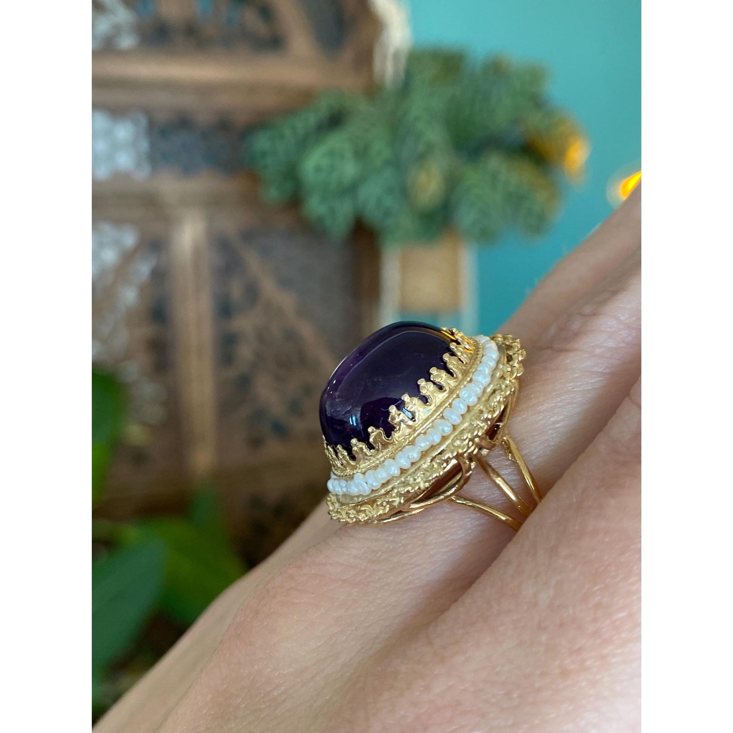 Vintage Solid 14k Yellow Gold Amethyst Seed Pearl Halo Ring - Size 7.75