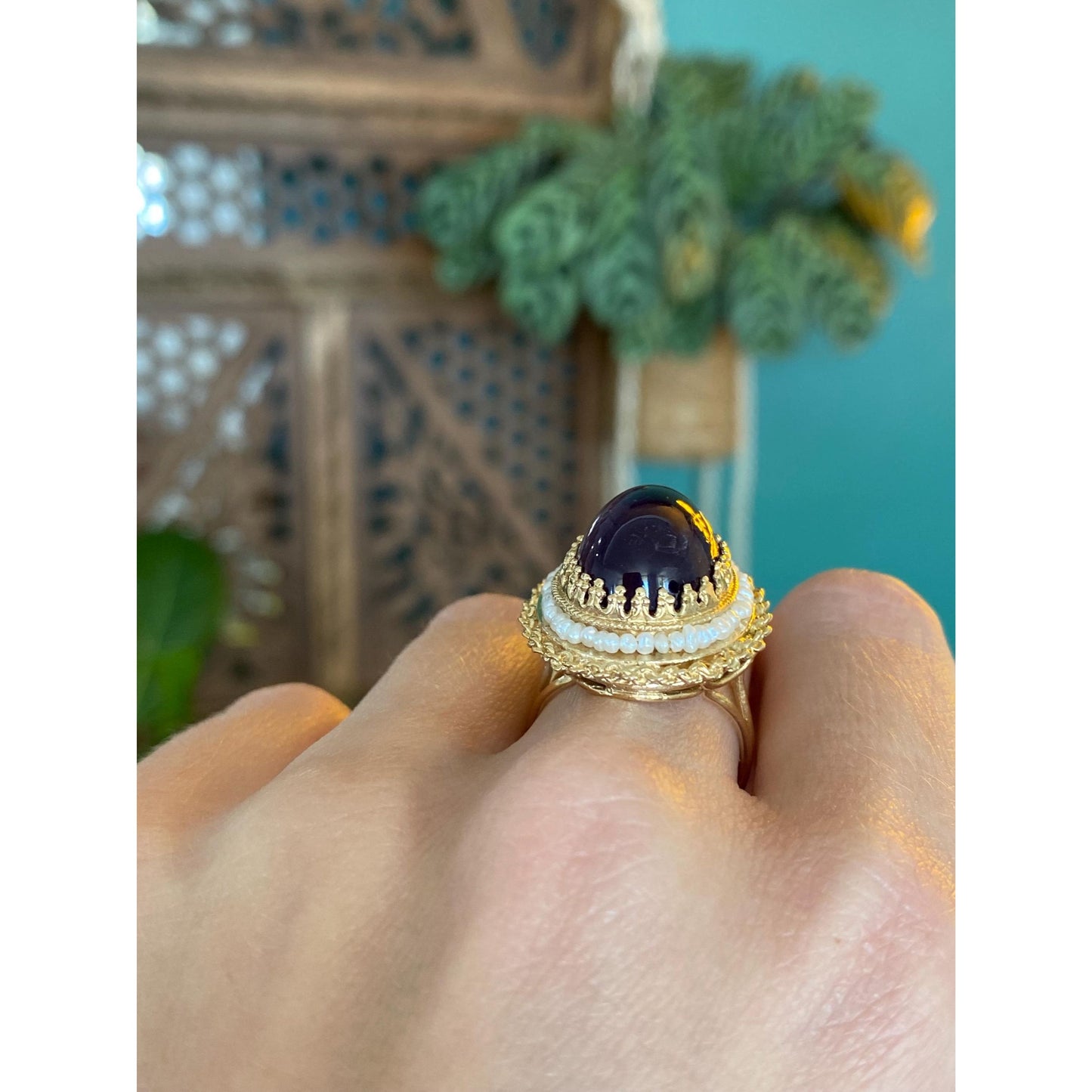 Vintage Solid 14k Yellow Gold Amethyst Seed Pearl Halo Ring - Size 7.75