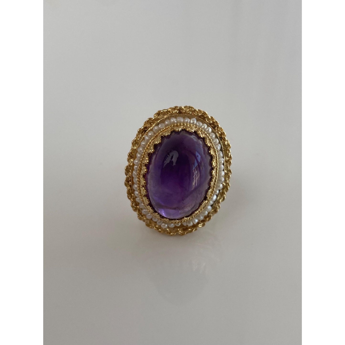 Vintage Solid 14k Yellow Gold Amethyst Seed Pearl Halo Ring - Size 7.75