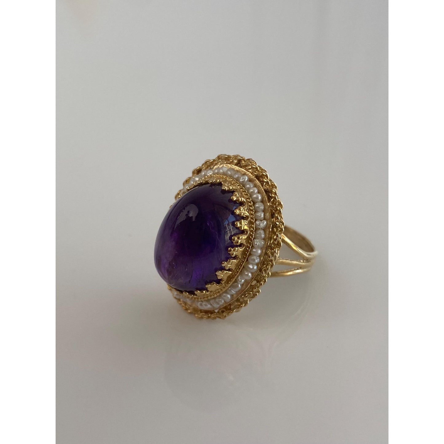 Vintage Solid 14k Yellow Gold Amethyst Seed Pearl Halo Ring - Size 7.75