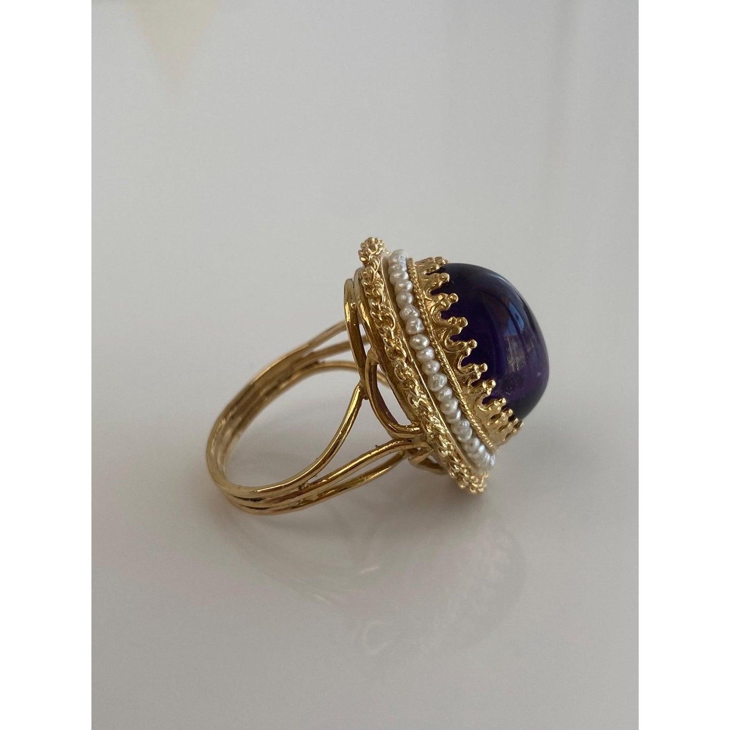 Vintage Solid 14k Yellow Gold Amethyst Seed Pearl Halo Ring - Size 7.75