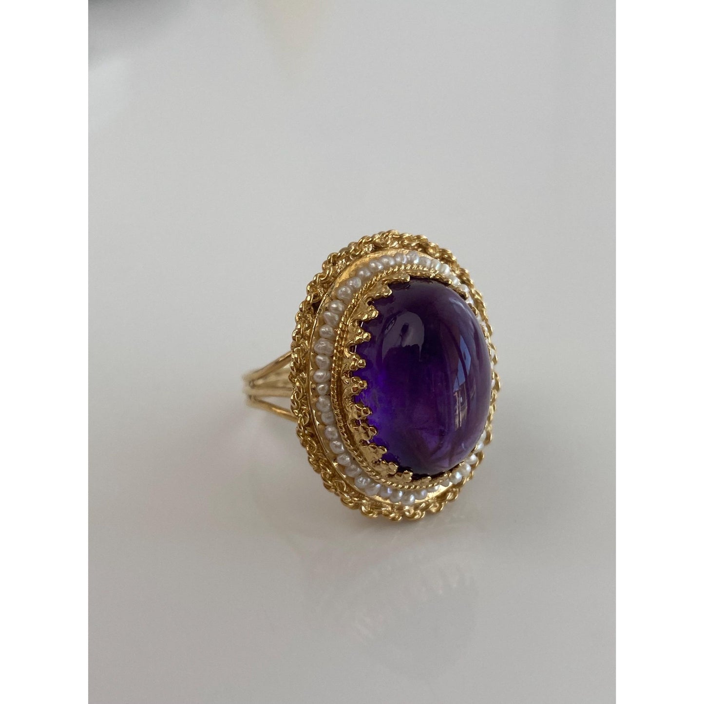 Vintage Solid 14k Yellow Gold Amethyst Seed Pearl Halo Ring - Size 7.75