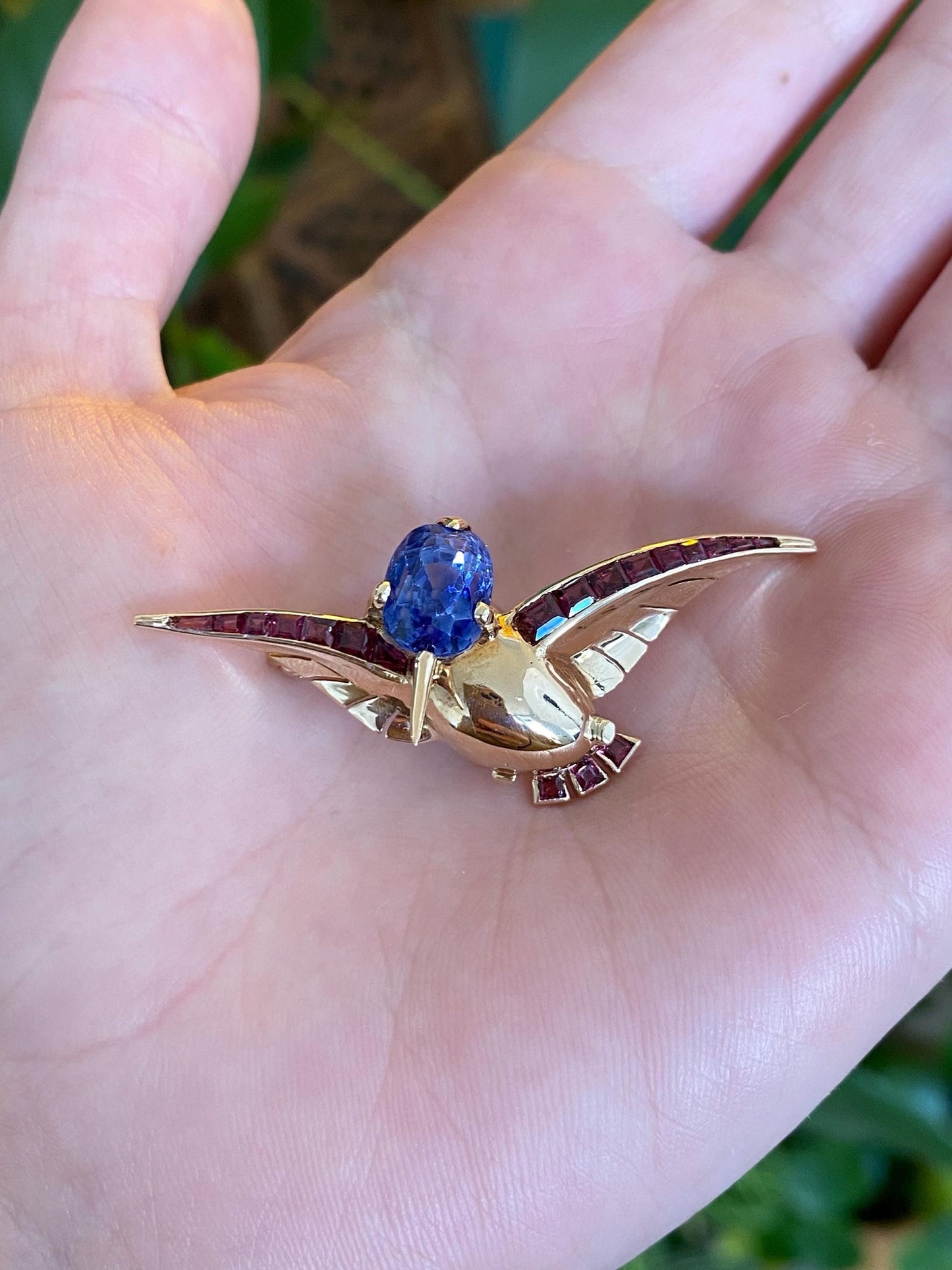 Vintage Solid 14k Yellow Gold Pink Tourmaline Blue Sapphire Hummingbird Brooch Pin