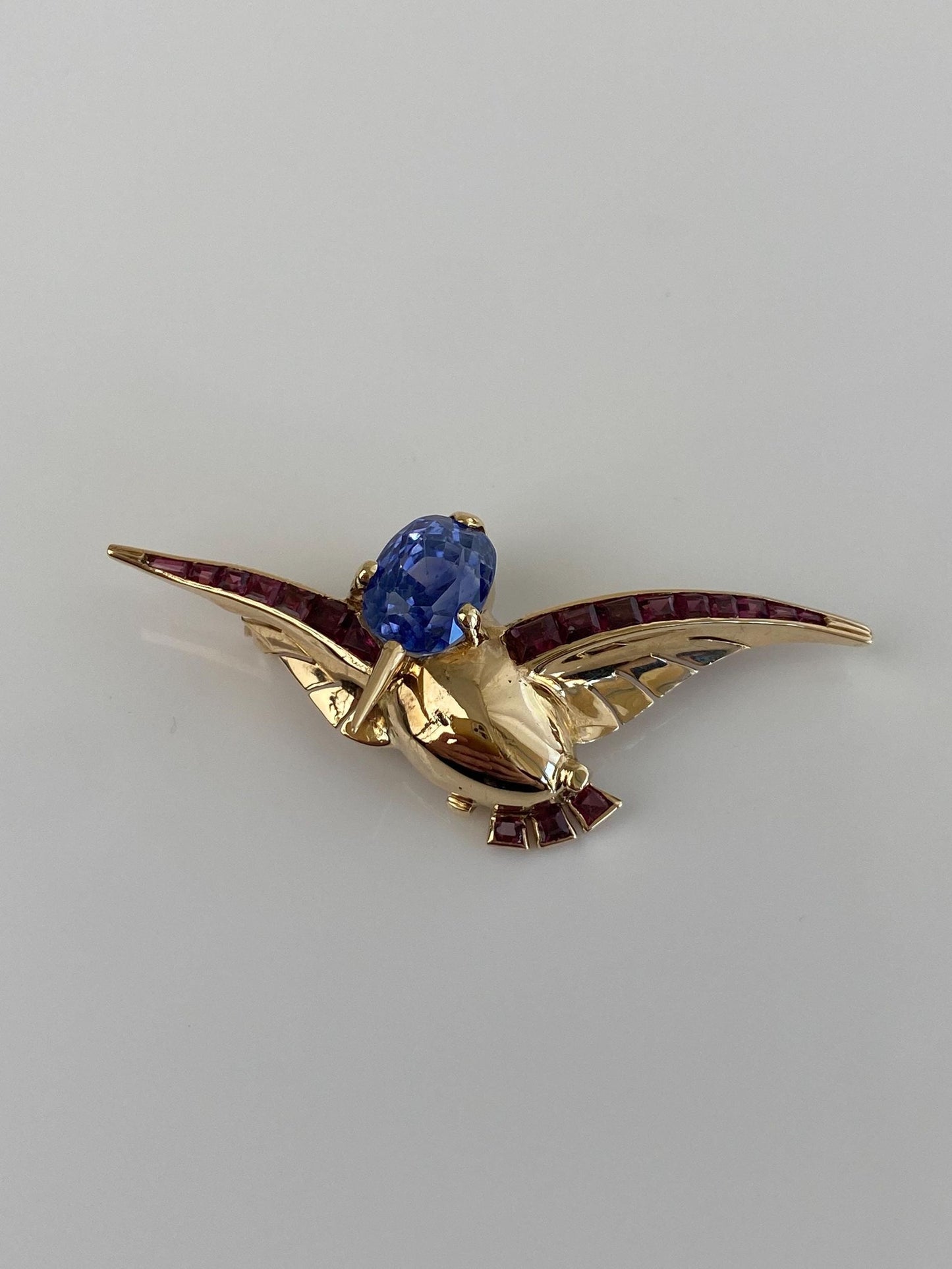 Vintage Solid 14k Yellow Gold Pink Tourmaline Blue Sapphire Hummingbird Brooch Pin