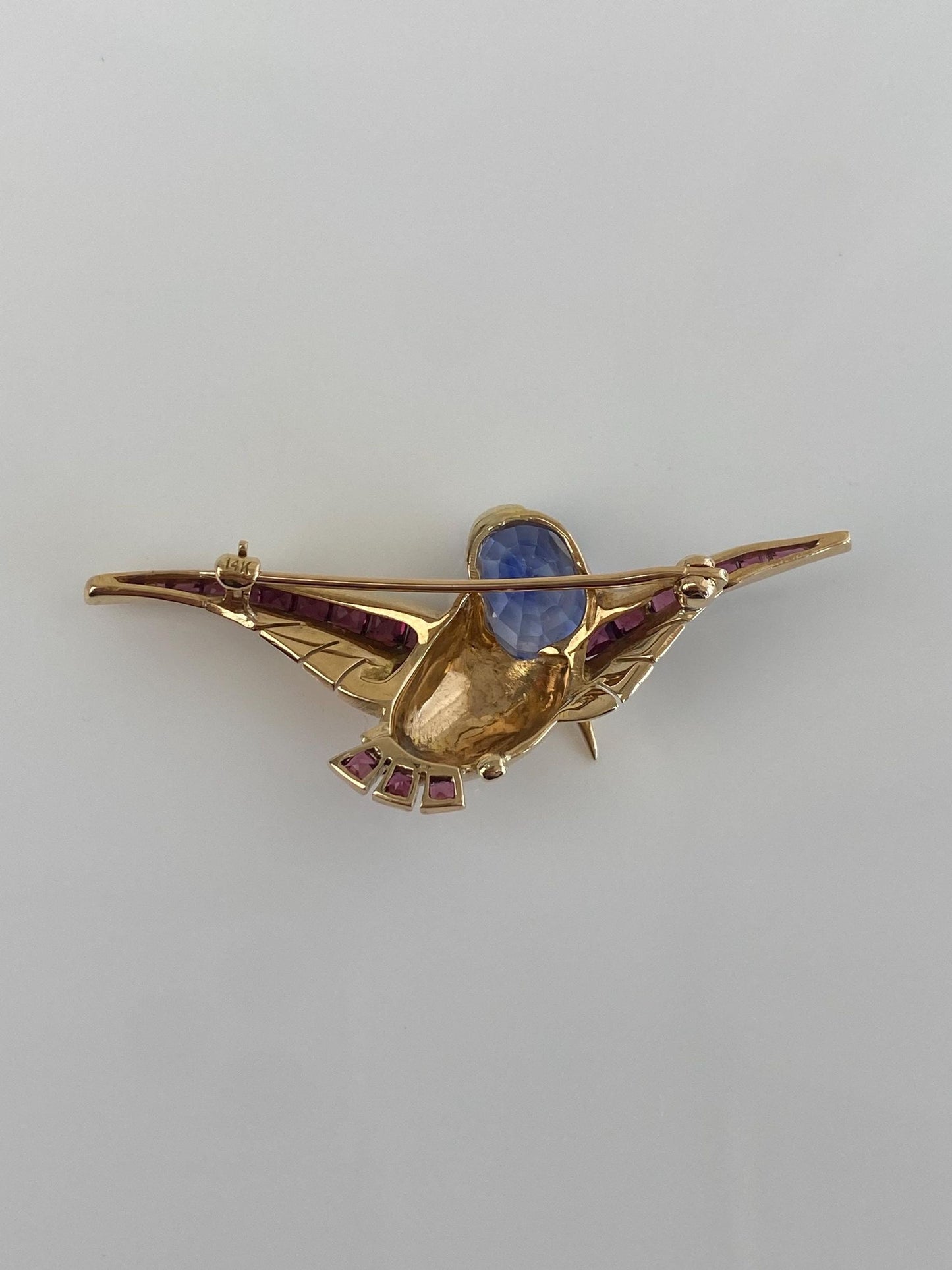 Vintage Solid 14k Yellow Gold Pink Tourmaline Blue Sapphire Hummingbird Brooch Pin