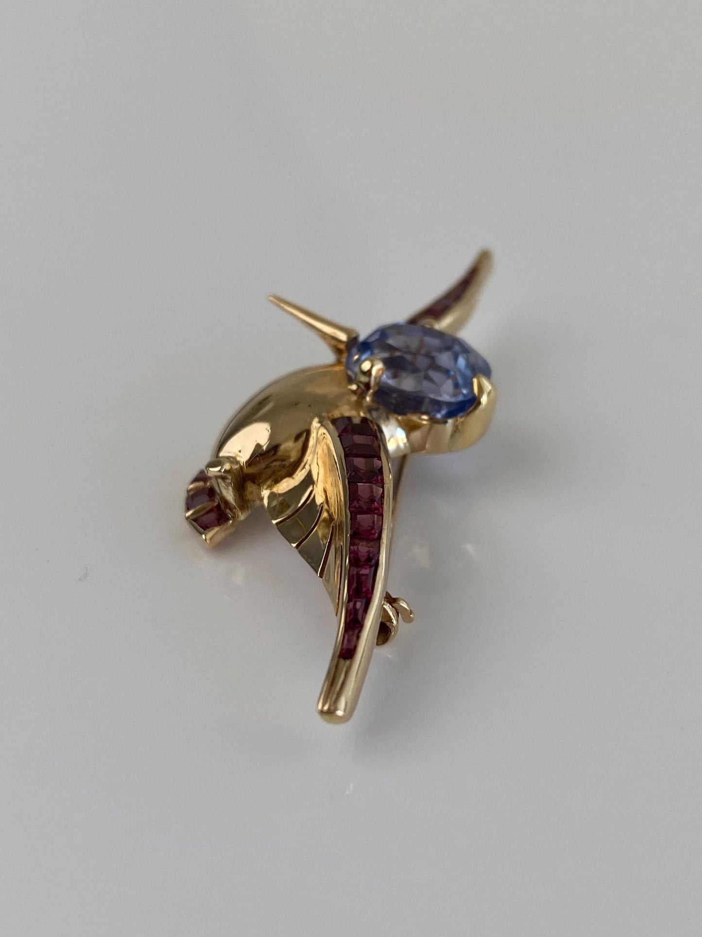 Vintage Solid 14k Yellow Gold Pink Tourmaline Blue Sapphire Hummingbird Brooch Pin