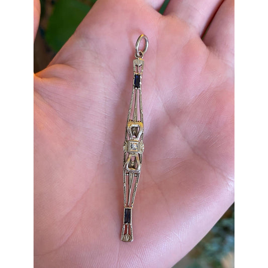 Vintage Solid 14k White Gold Diamond Blue Sapphire Art Deco Bar Pin Conversion Charm