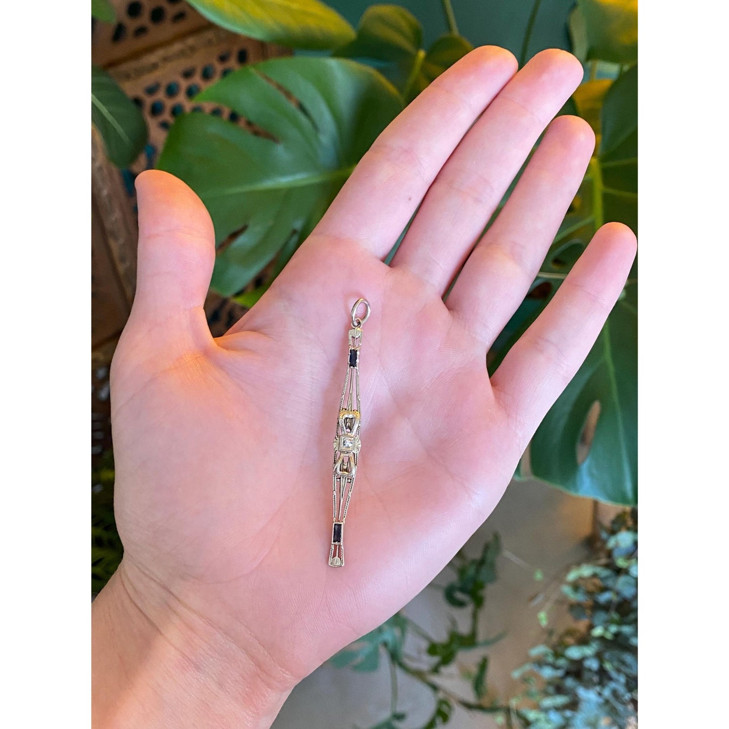 Vintage Solid 14k White Gold Diamond Blue Sapphire Art Deco Bar Pin Conversion Charm