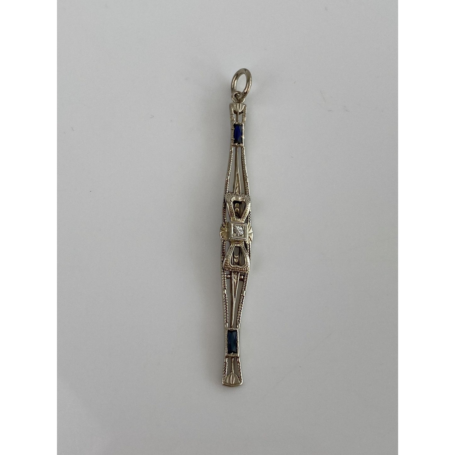 Vintage Solid 14k White Gold Diamond Blue Sapphire Art Deco Bar Pin Conversion Charm