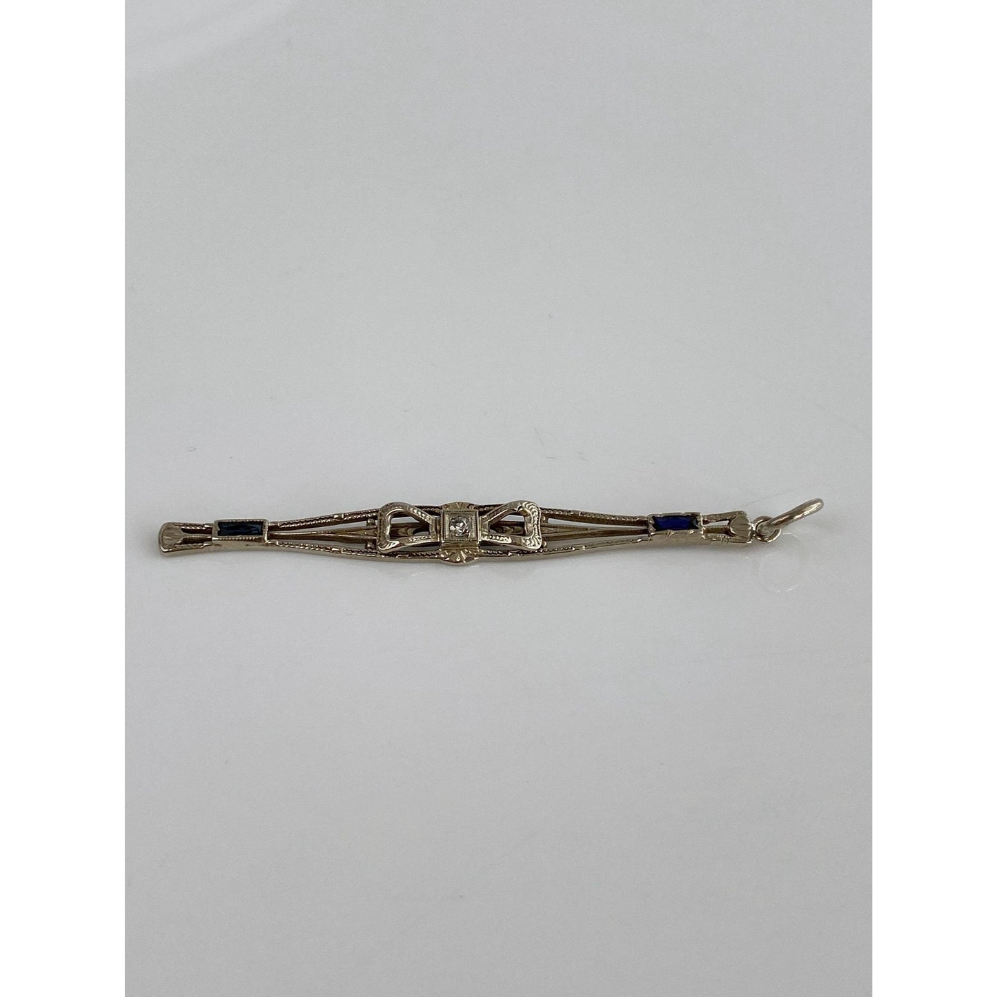 Vintage Solid 14k White Gold Diamond Blue Sapphire Art Deco Bar Pin Conversion Charm