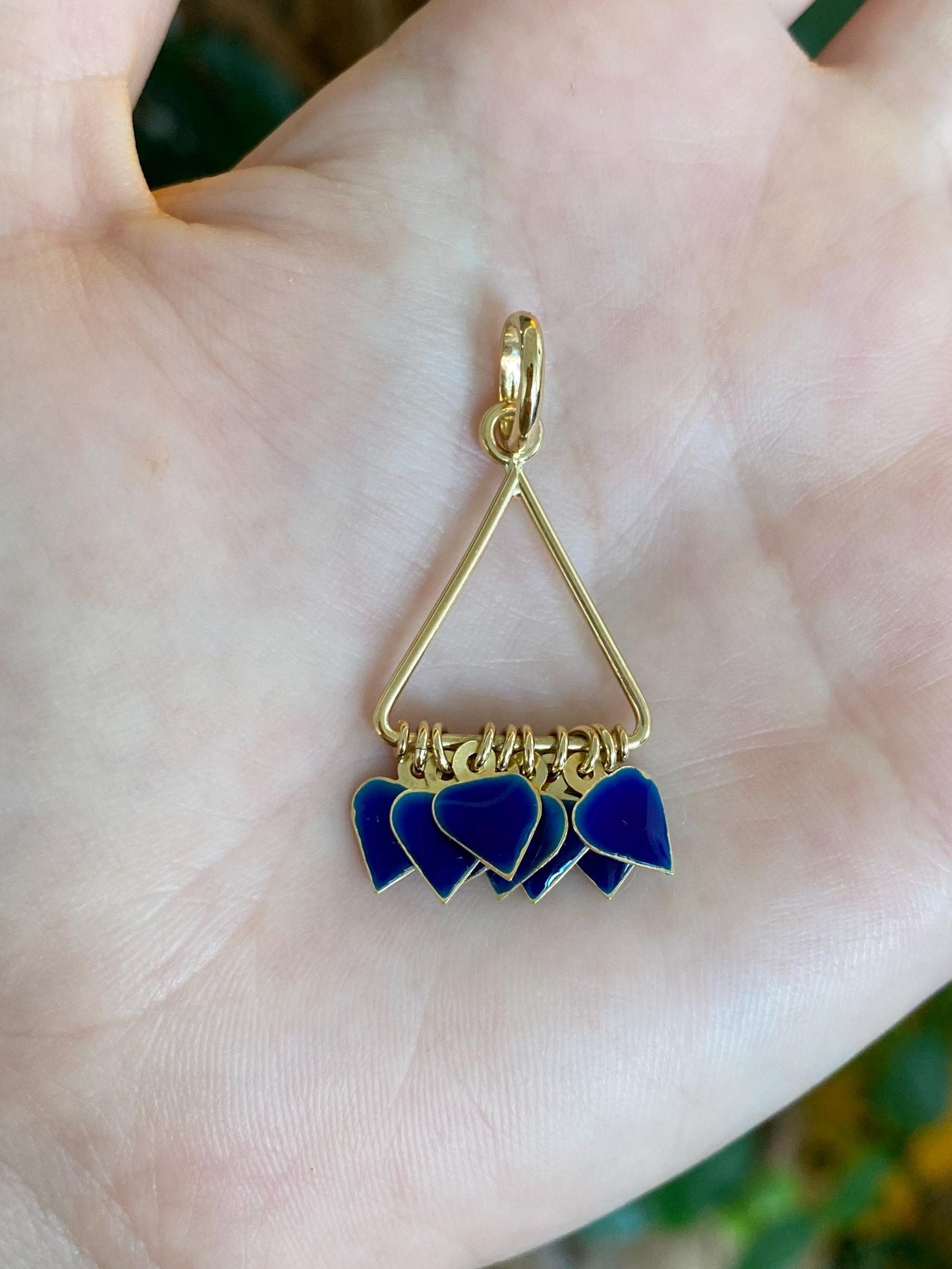 Vintage Solid 18k Yellow Gold Blue Enamel Hearts Fringe Charm