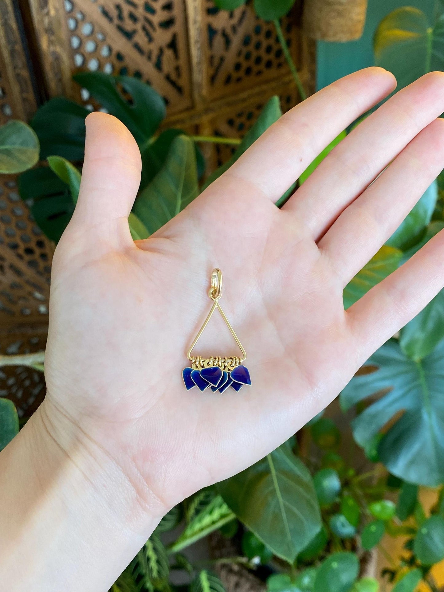 Vintage Solid 18k Yellow Gold Blue Enamel Hearts Fringe Charm