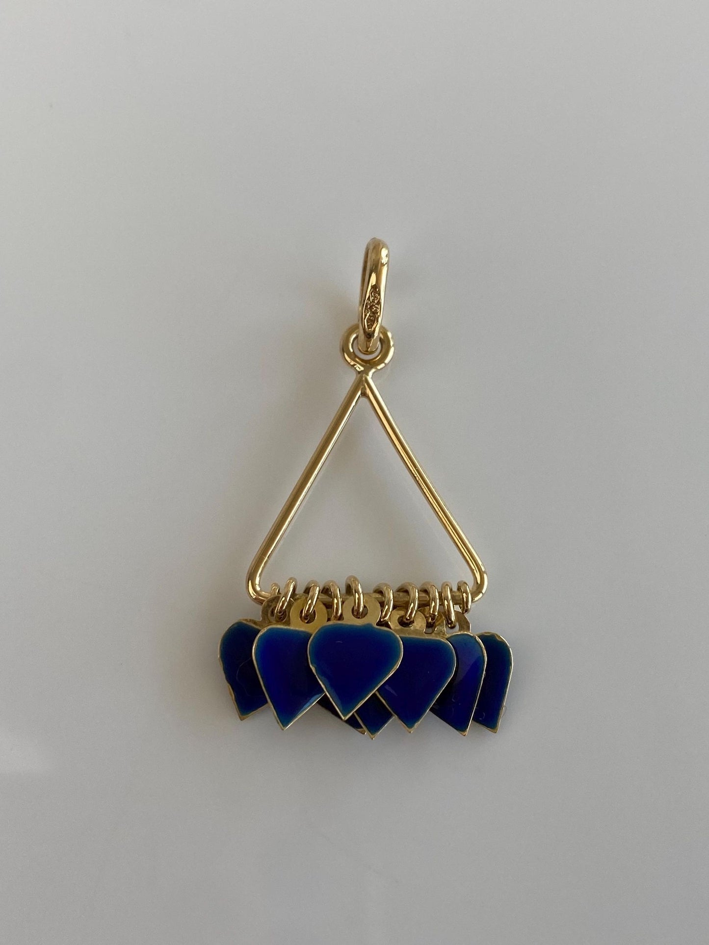 Vintage Solid 18k Yellow Gold Blue Enamel Hearts Fringe Charm