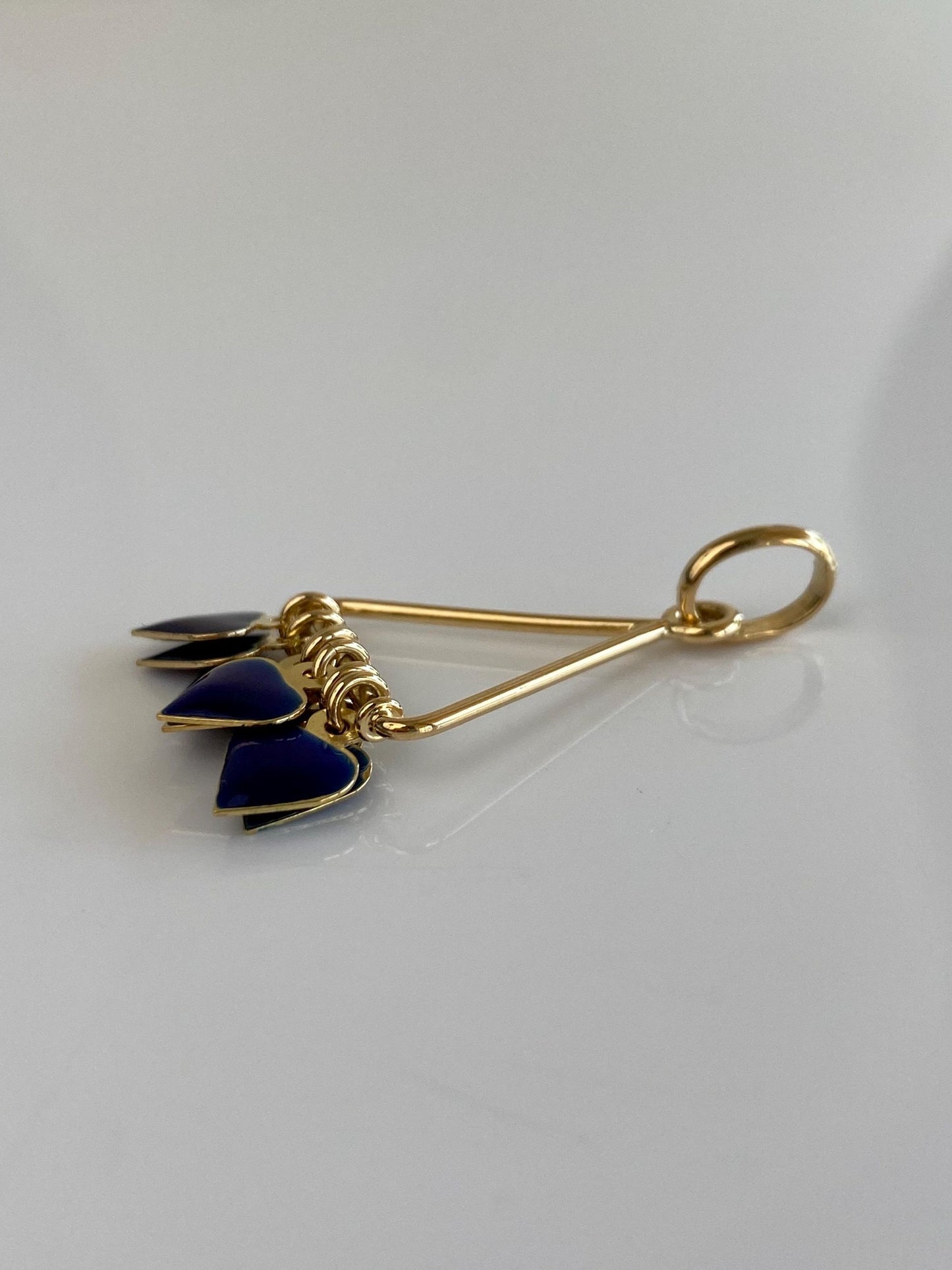 Vintage Solid 18k Yellow Gold Blue Enamel Hearts Fringe Charm