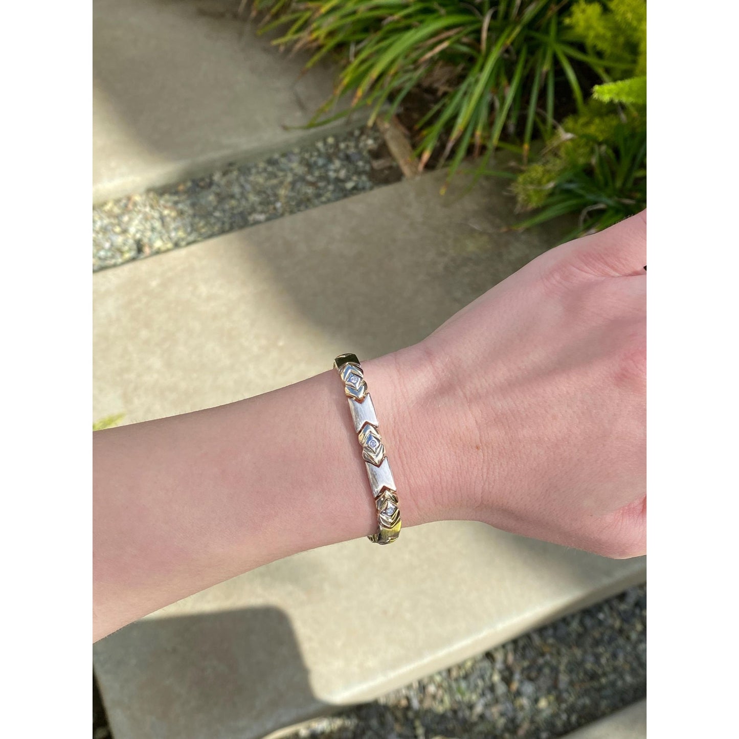 Solid 14k White & Yellow Gold Diamond Link Bracelet - 7.25 inches