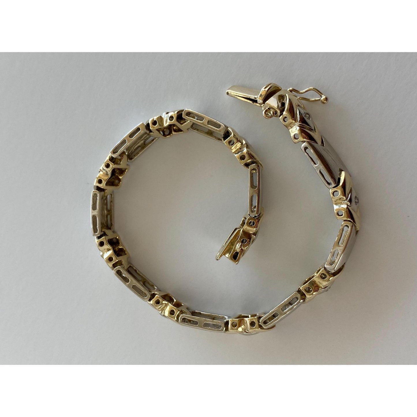 Solid 14k White & Yellow Gold Diamond Link Bracelet - 7.25 inches