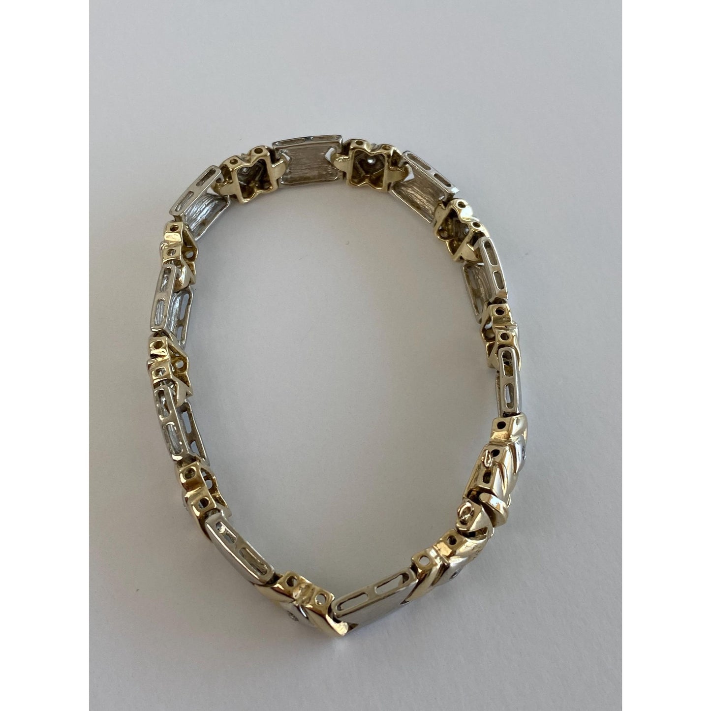 Solid 14k White & Yellow Gold Diamond Link Bracelet - 7.25 inches