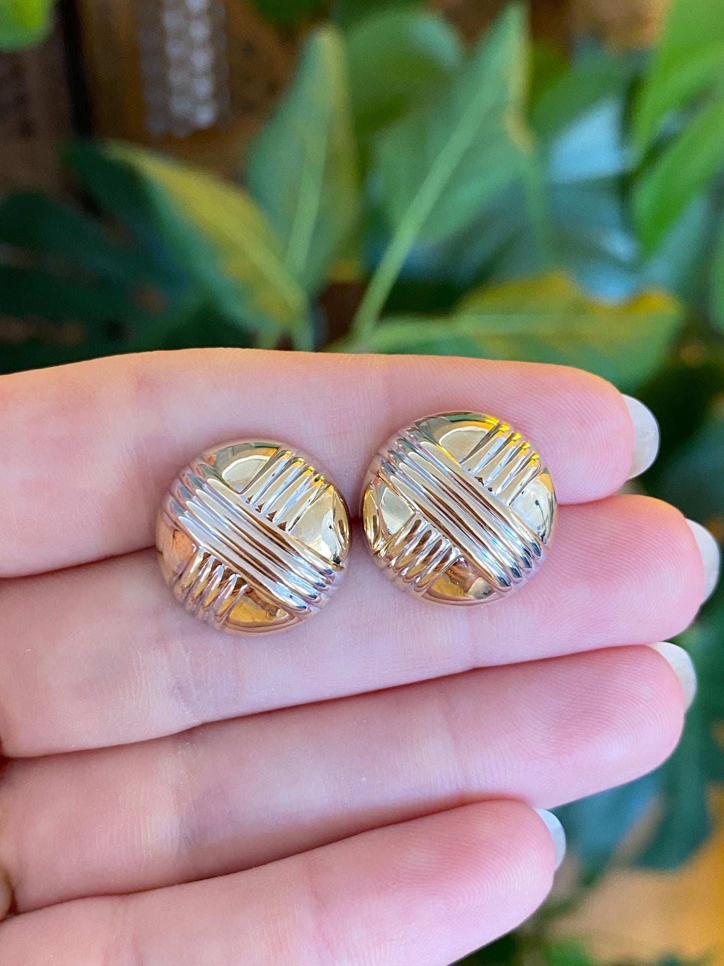 Vintage 14k White & Yellow Gold X Pattern Domed Stud Earrings