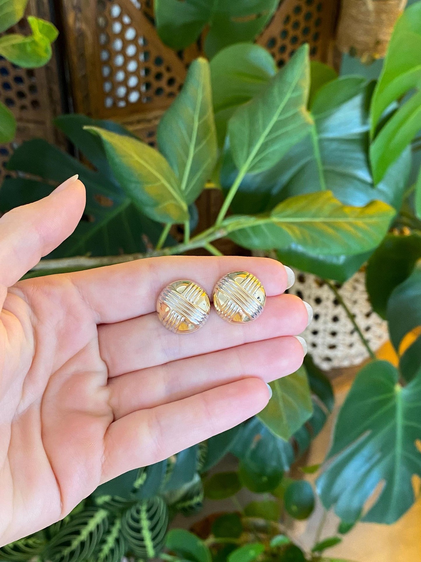 Vintage 14k White & Yellow Gold X Pattern Domed Stud Earrings