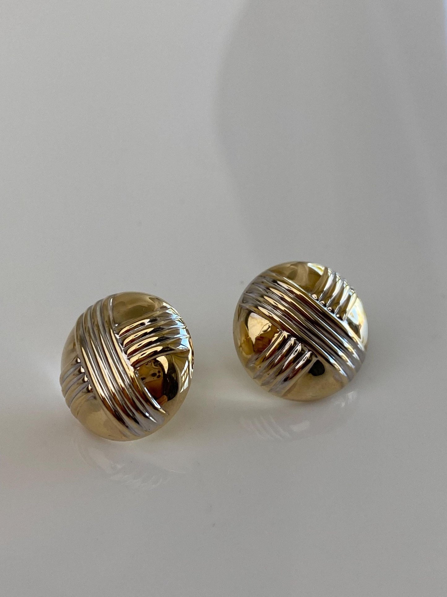 Vintage 14k White & Yellow Gold X Pattern Domed Stud Earrings