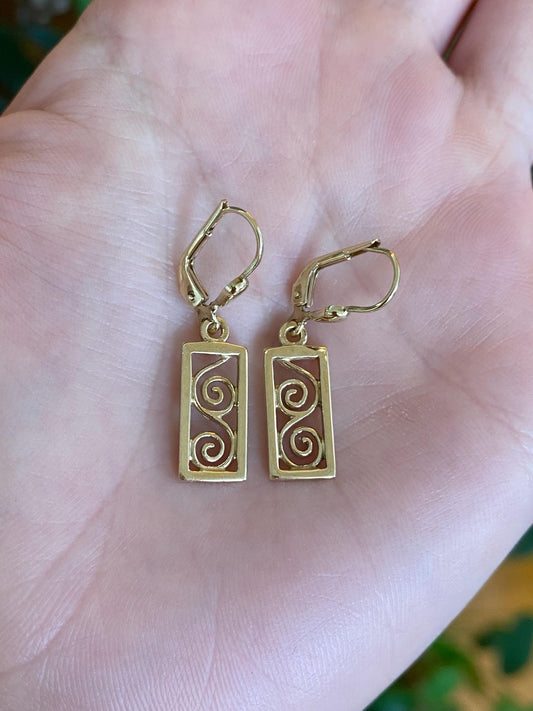 Vintage Solid 9k Yellow Gold Spiral Dangle Earrings