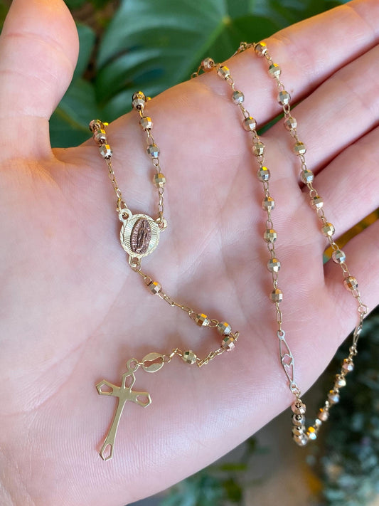 Vintage Solid 10k Tri Tone Gold Faceted Bead Rosary Cross Chain Necklace - 17 inches