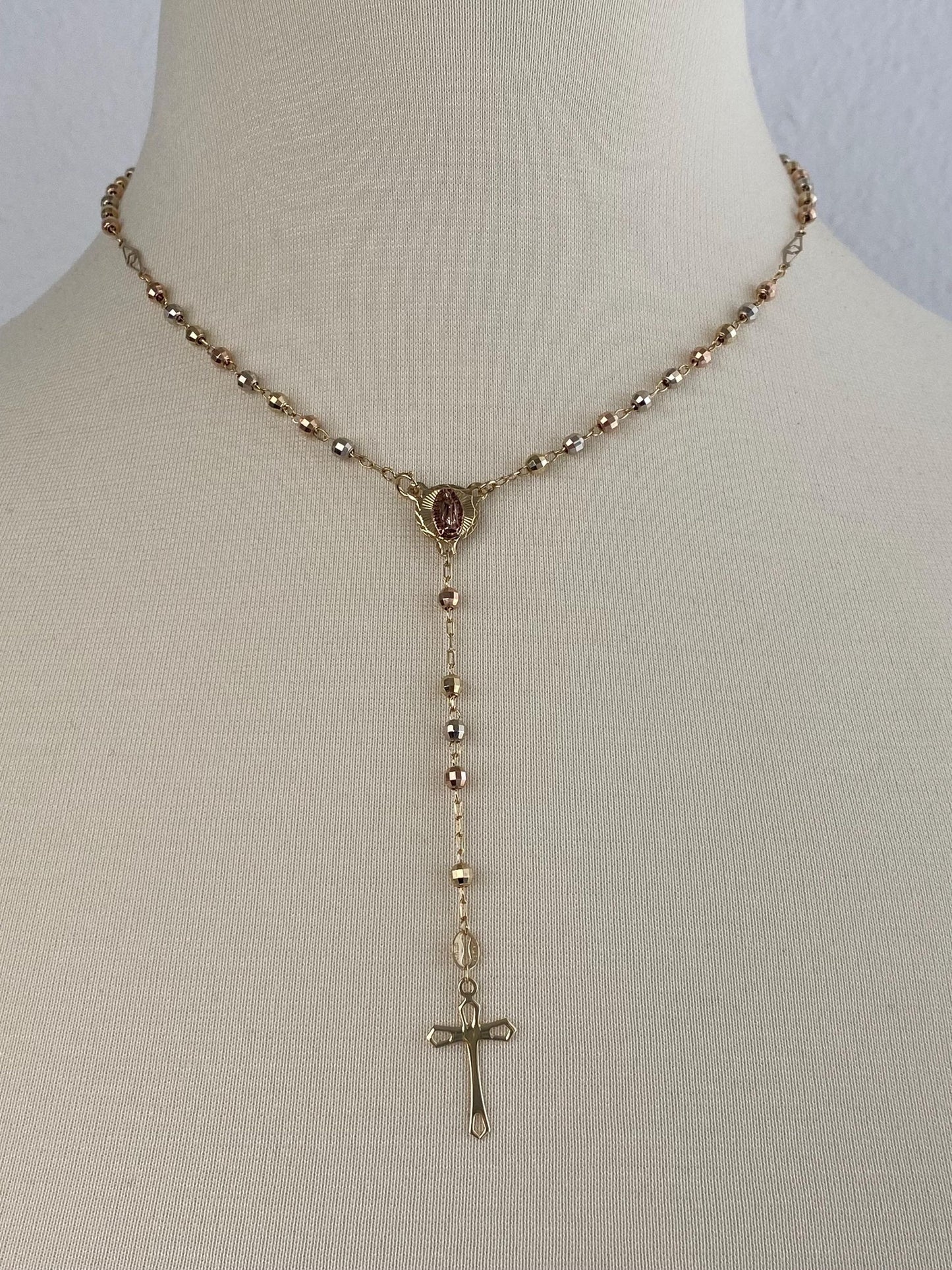Vintage Solid 10k Tri Tone Gold Faceted Bead Rosary Cross Chain Necklace - 17 inches