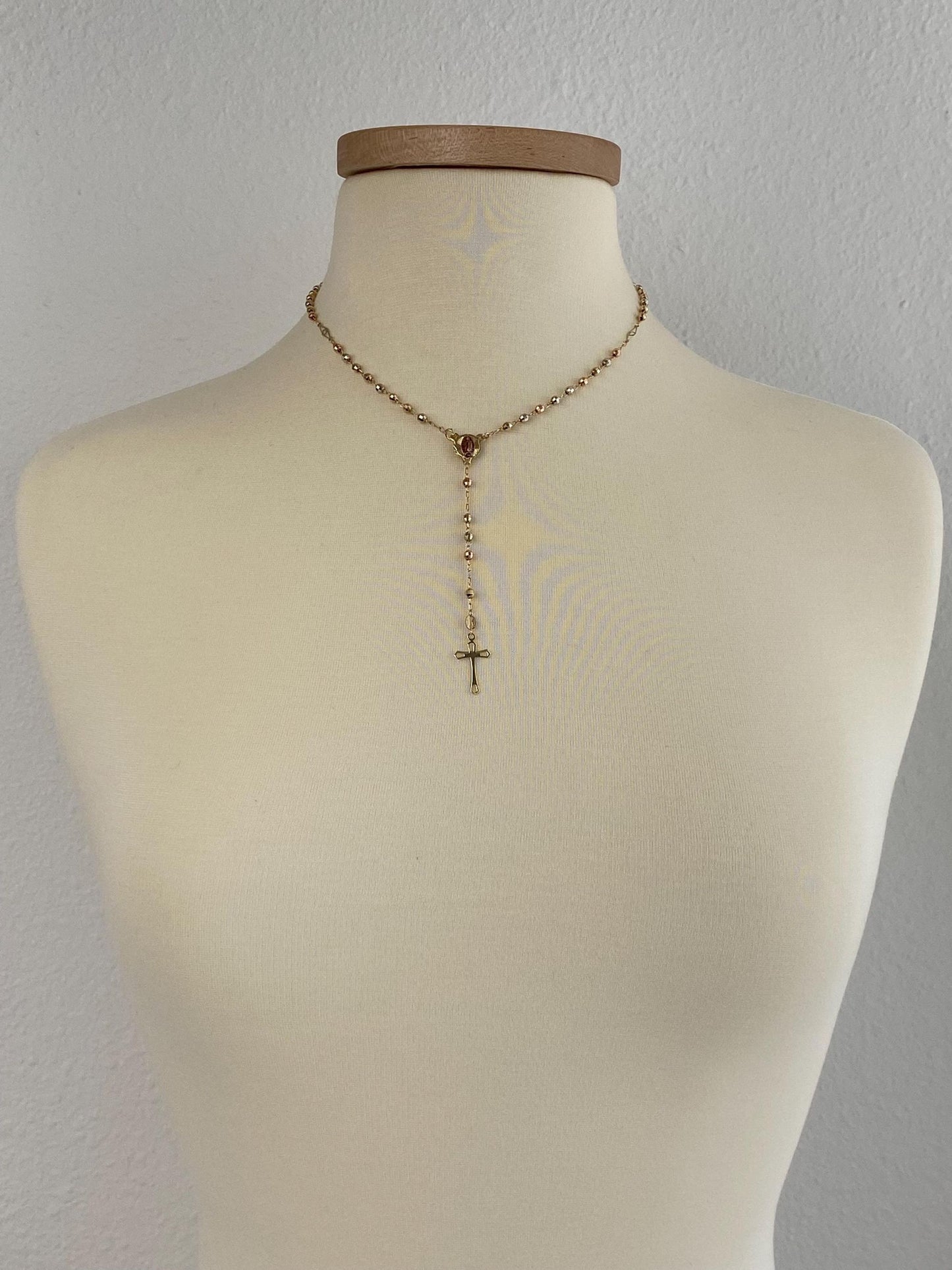 Vintage Solid 10k Tri Tone Gold Faceted Bead Rosary Cross Chain Necklace - 17 inches