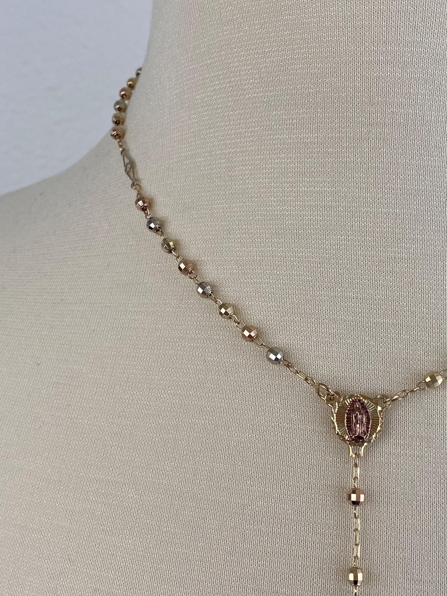 Vintage Solid 10k Tri Tone Gold Faceted Bead Rosary Cross Chain Necklace - 17 inches