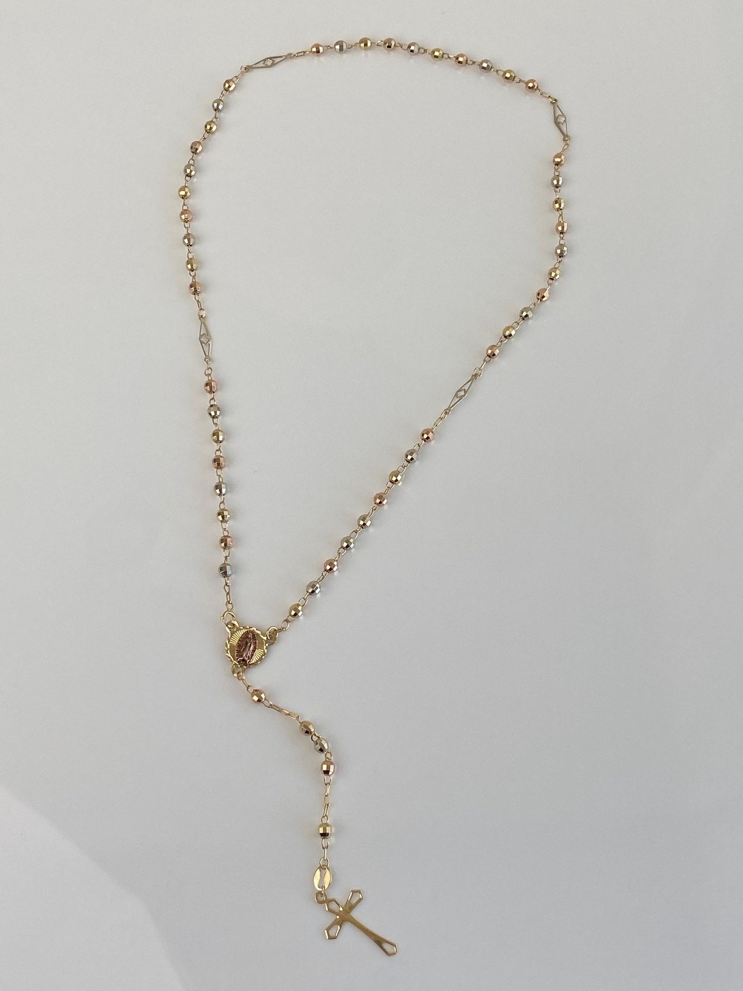 Vintage Solid 10k Tri Tone Gold Faceted Bead Rosary Cross Chain Necklace - 17 inches