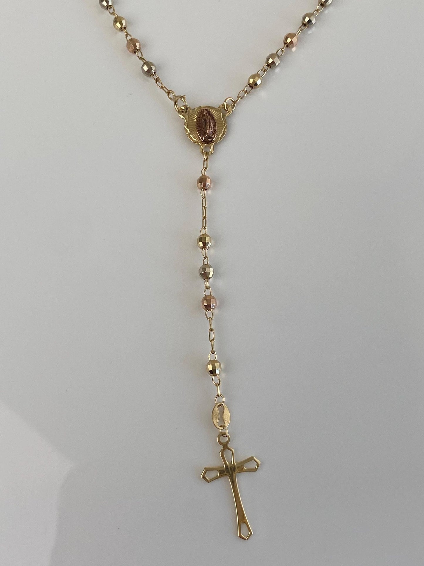 Vintage Solid 10k Tri Tone Gold Faceted Bead Rosary Cross Chain Necklace - 17 inches