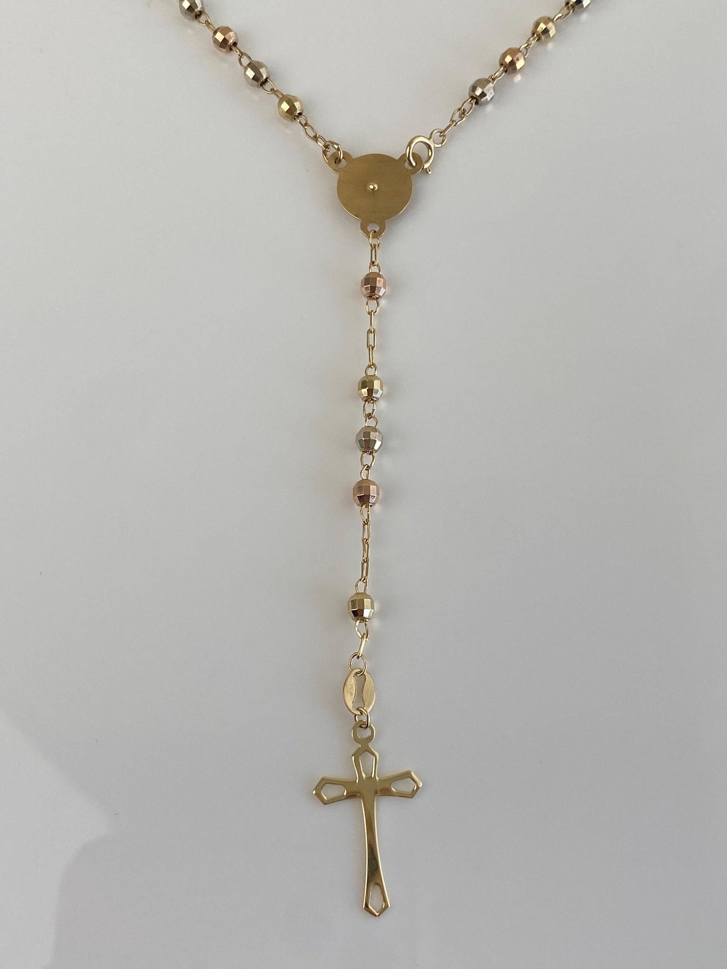 Vintage Solid 10k Tri Tone Gold Faceted Bead Rosary Cross Chain Necklace - 17 inches