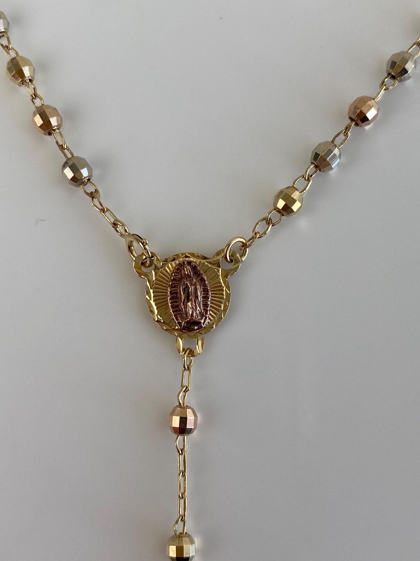 Vintage Solid 10k Tri Tone Gold Faceted Bead Rosary Cross Chain Necklace - 17 inches