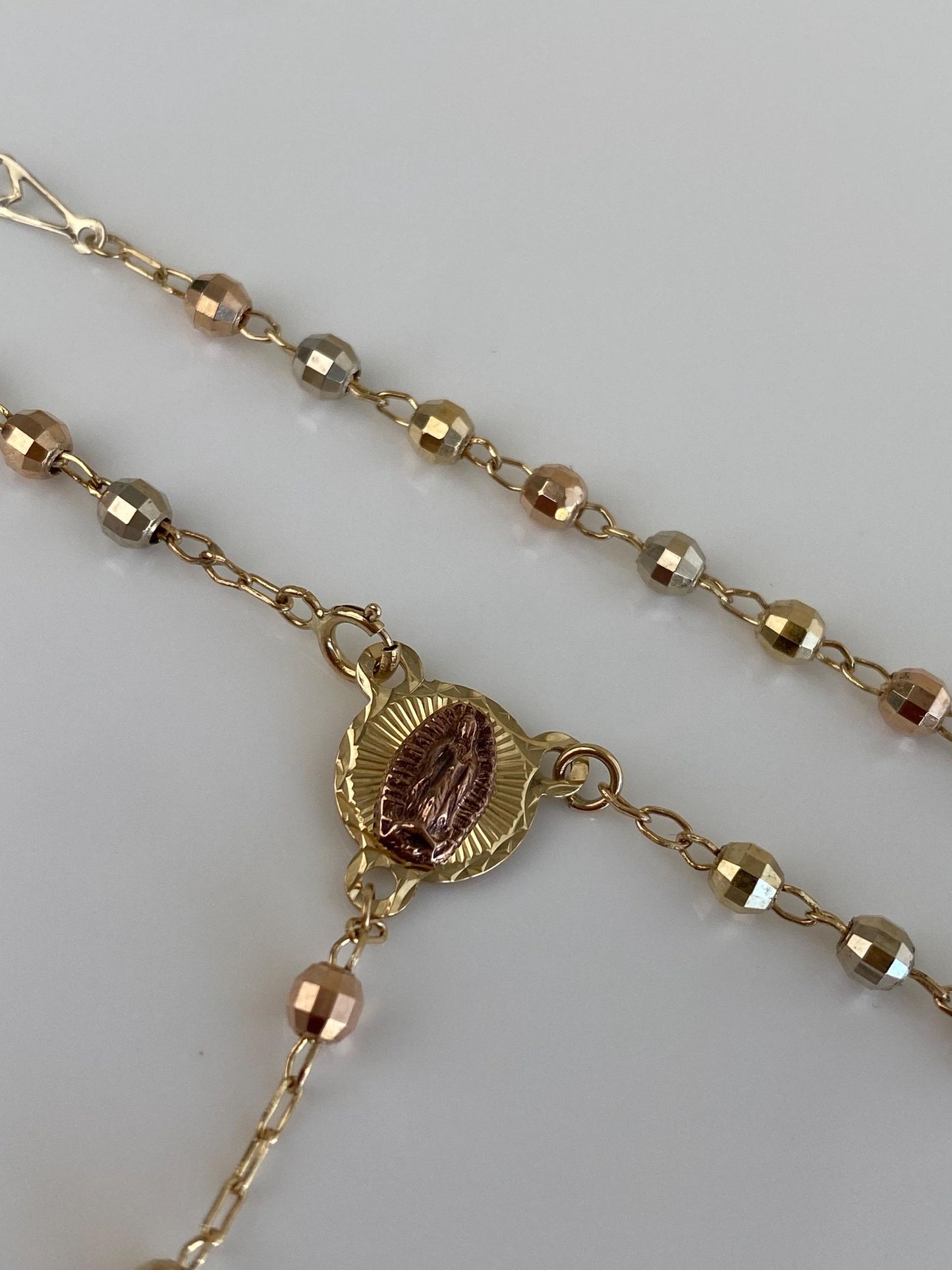 Vintage Solid 10k Tri Tone Gold Faceted Bead Rosary Cross Chain Necklace - 17 inches
