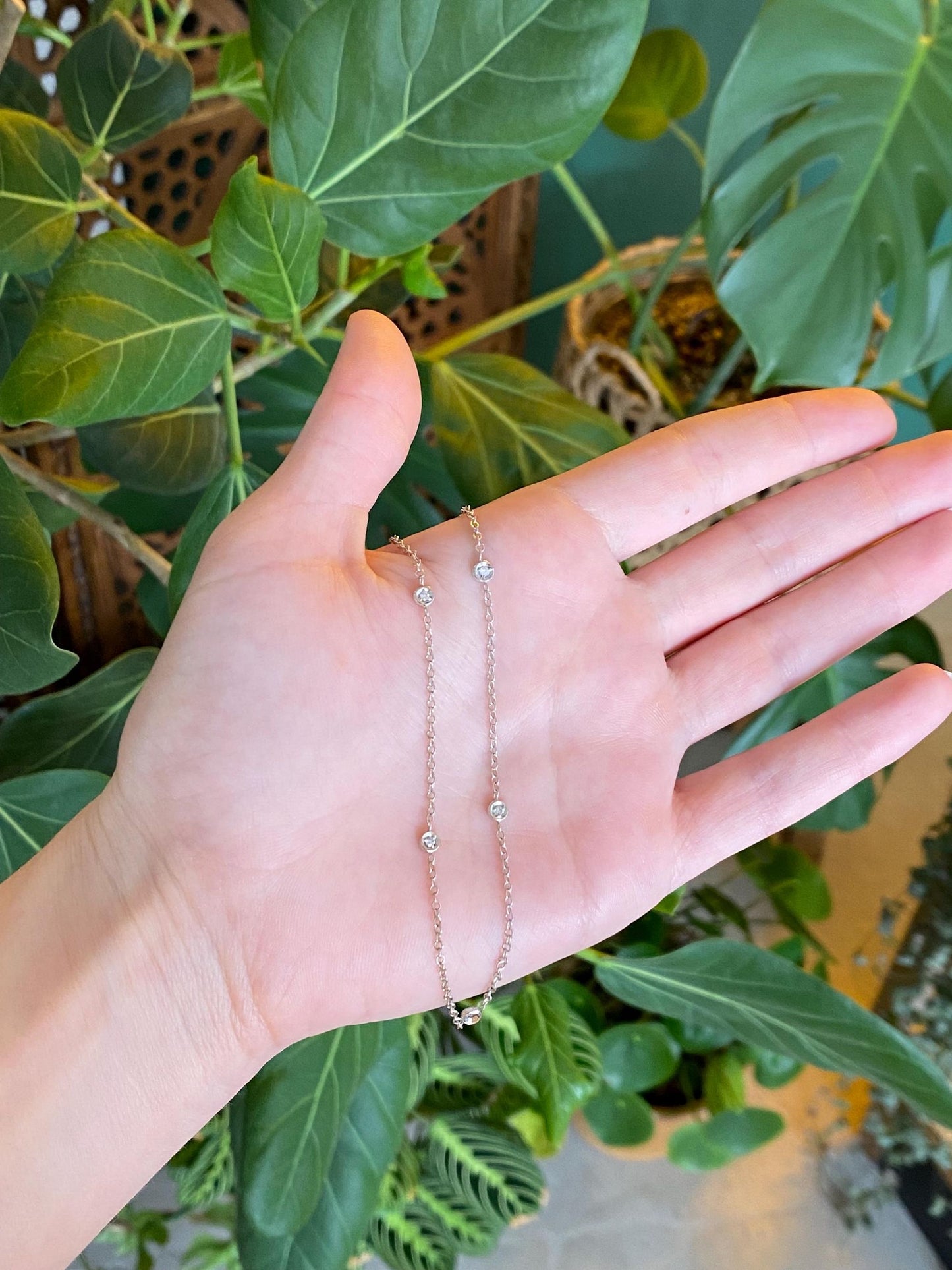 Vintage Solid 14k White Gold Diamond Rolo Chain Anklet - 10 inches