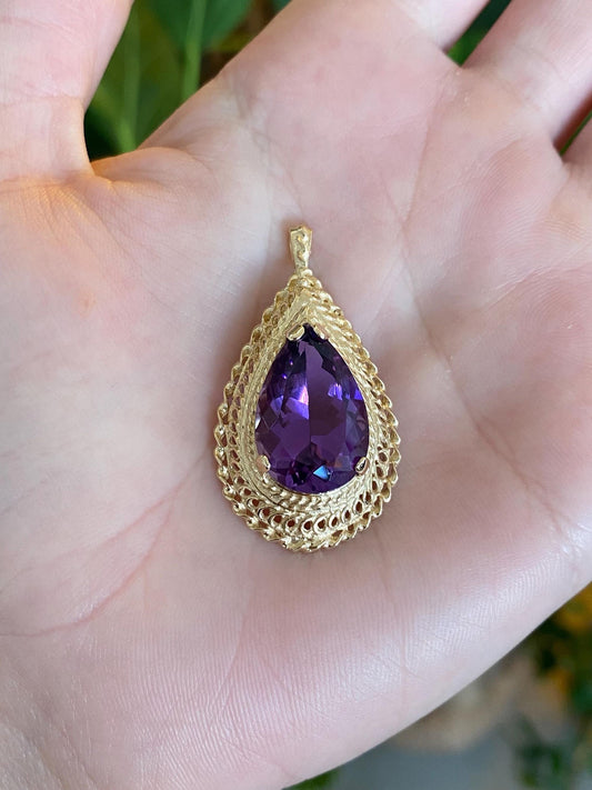 Vintage Solid 14k Yellow Gold Amethyst Teardrop Charm