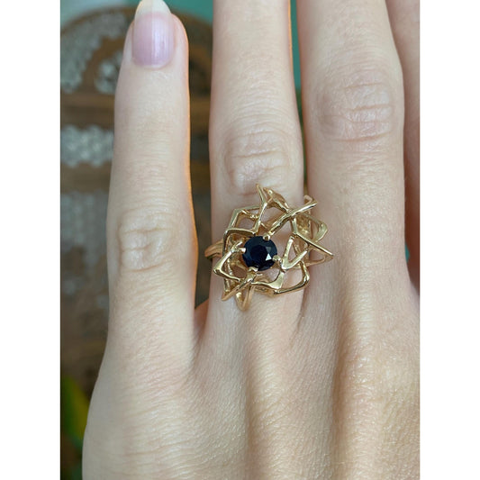 Solid 14k Yellow Gold Blue Spinel Abstract Ring - Size 4