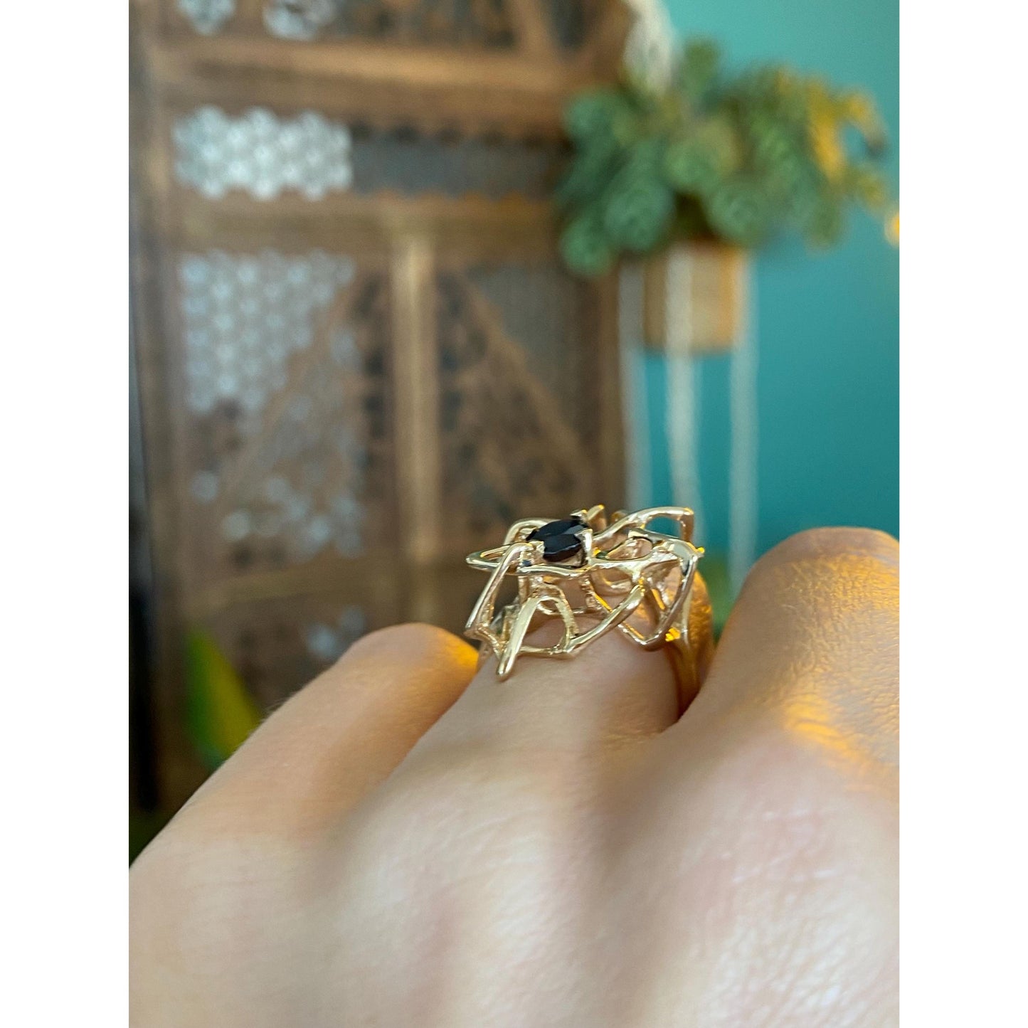 Solid 14k Yellow Gold Blue Spinel Abstract Ring - Size 4