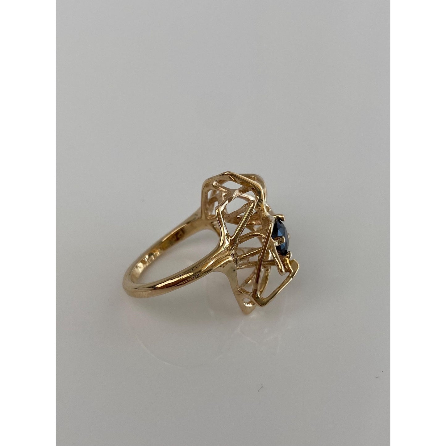 Solid 14k Yellow Gold Blue Spinel Abstract Ring - Size 4