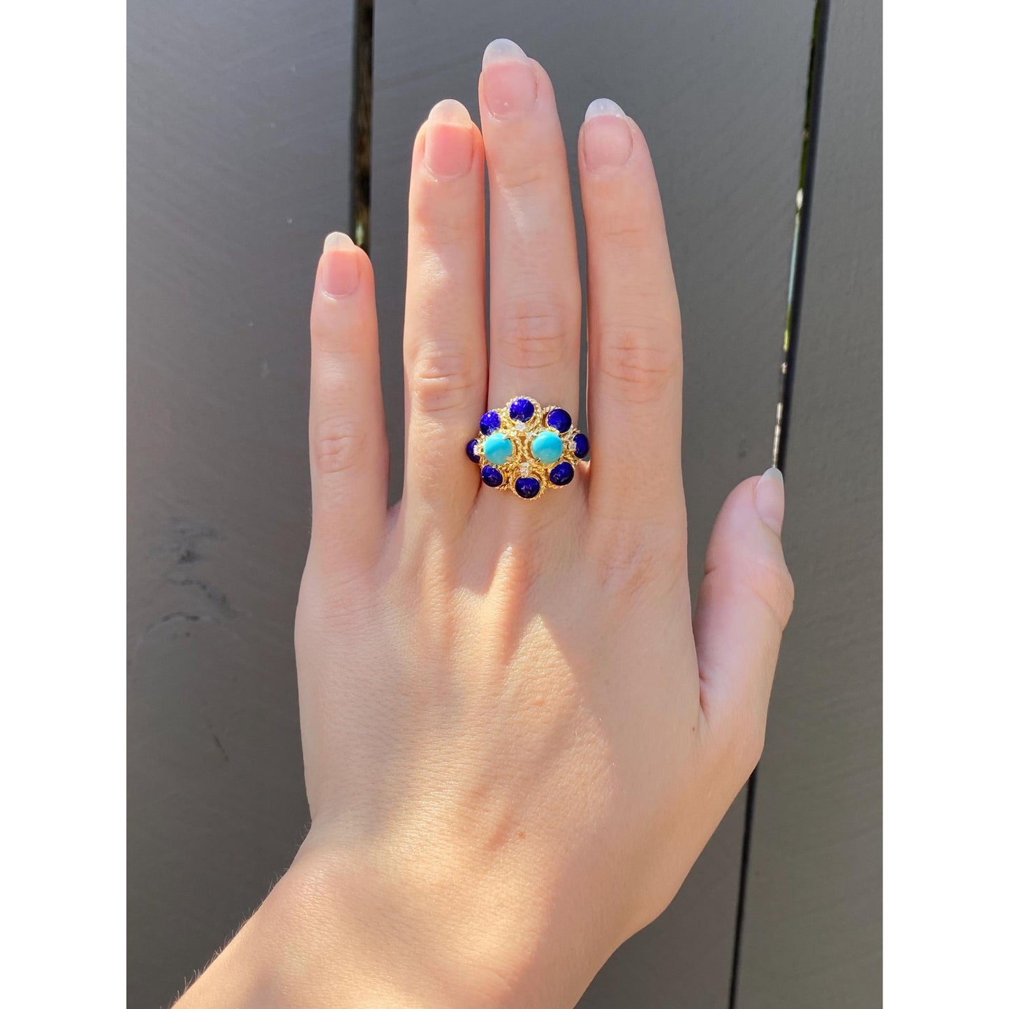 Solid 18k Yellow Gold Diamond Turquoise Blue Lapis Cocktail Ring - Size 7.25