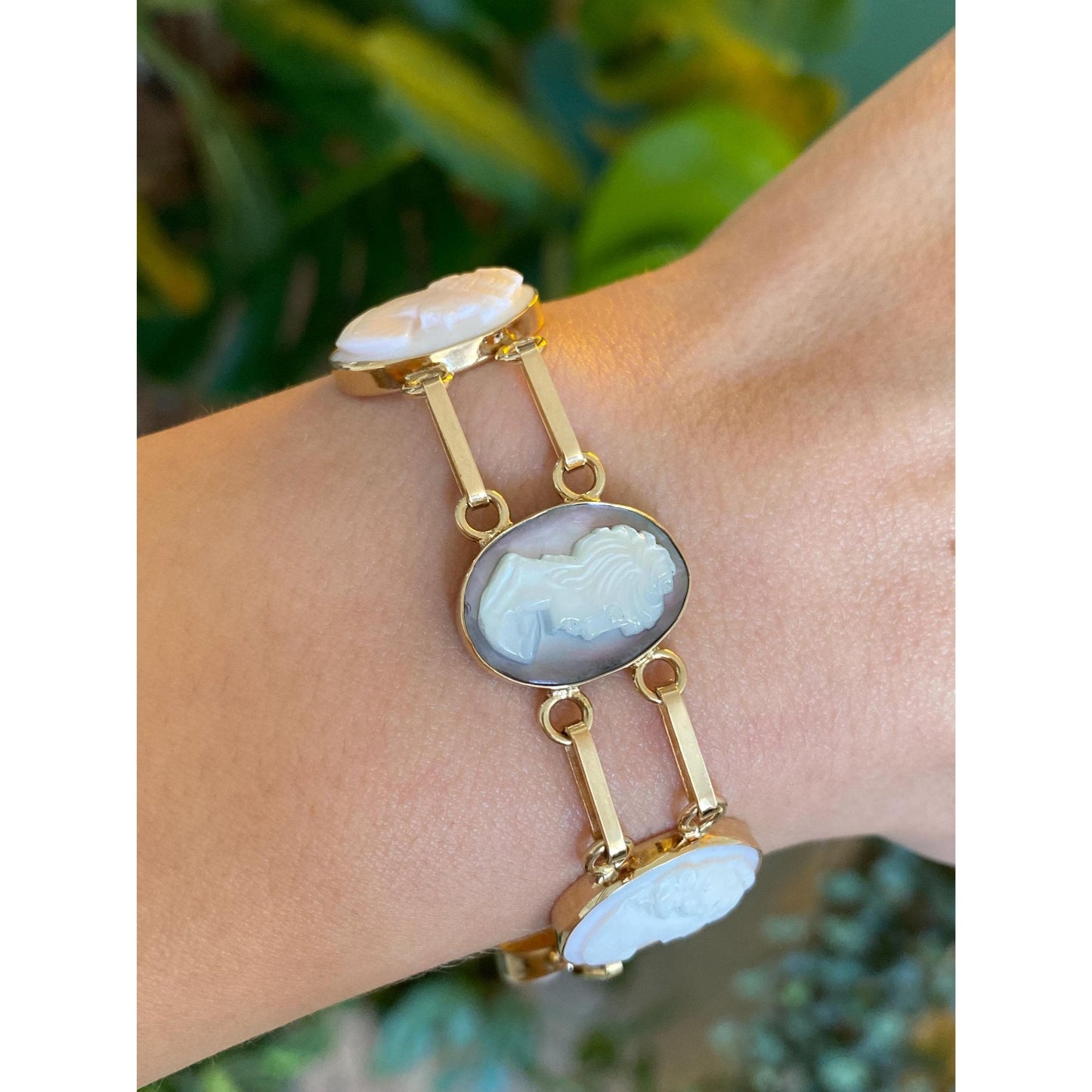 Solid 14k Yellow Gold Carved Abalone Mother of Pearl Cameo Link Bracelet - 7.25 inches