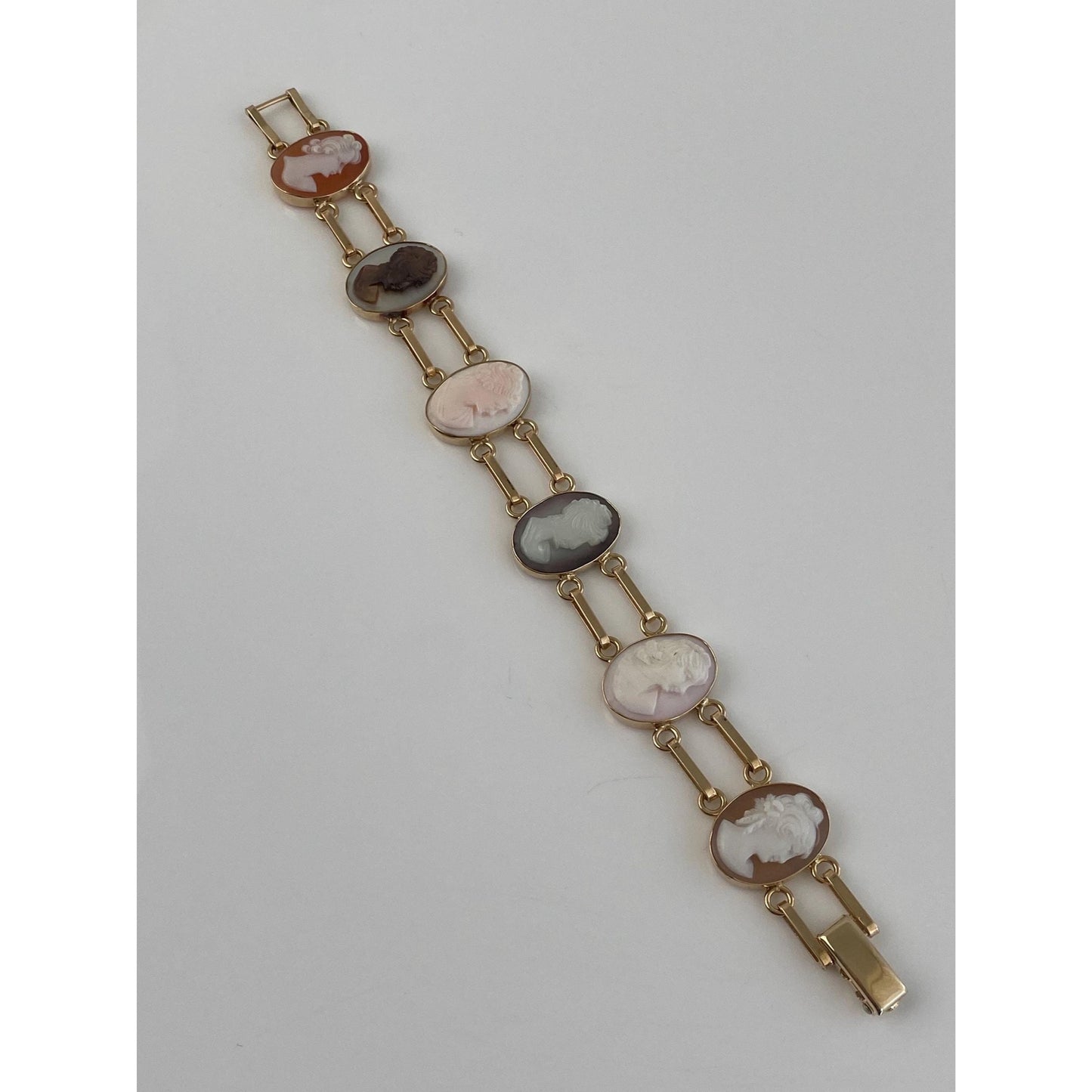 Solid 14k Yellow Gold Carved Abalone Mother of Pearl Cameo Link Bracelet - 7.25 inches