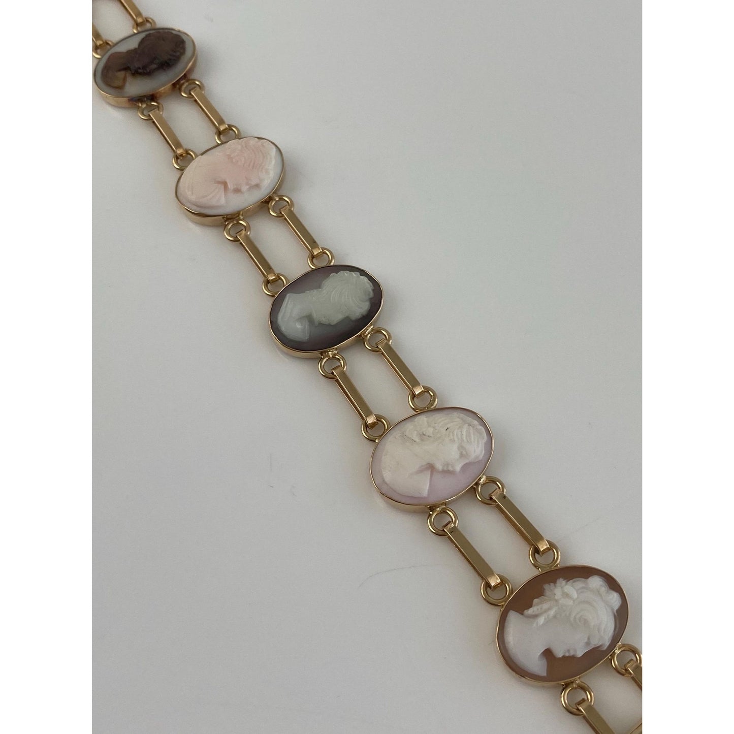 Solid 14k Yellow Gold Carved Abalone Mother of Pearl Cameo Link Bracelet - 7.25 inches